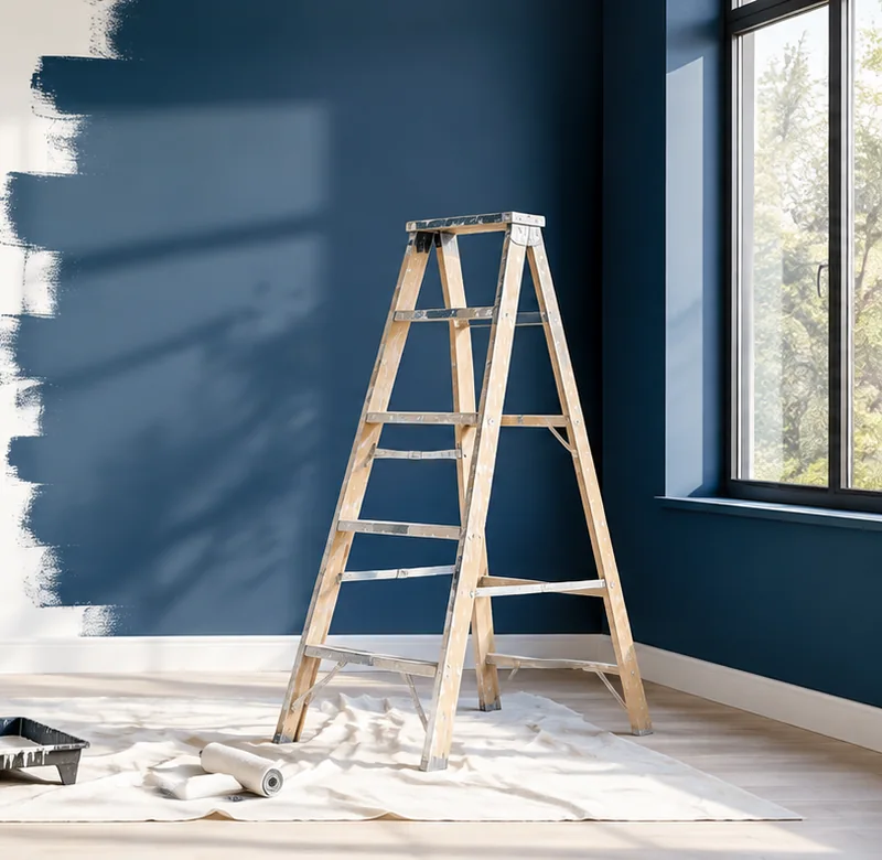 Illustration d’un mur bleu nuit, d’un escabeau et de matériel de peinture