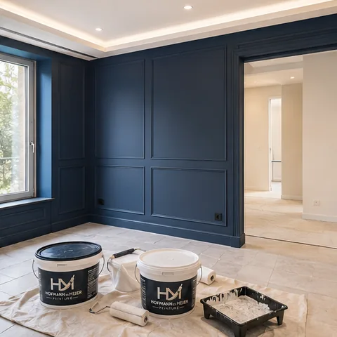 Illustration de boiseries et moulures peintes en bleu nuit